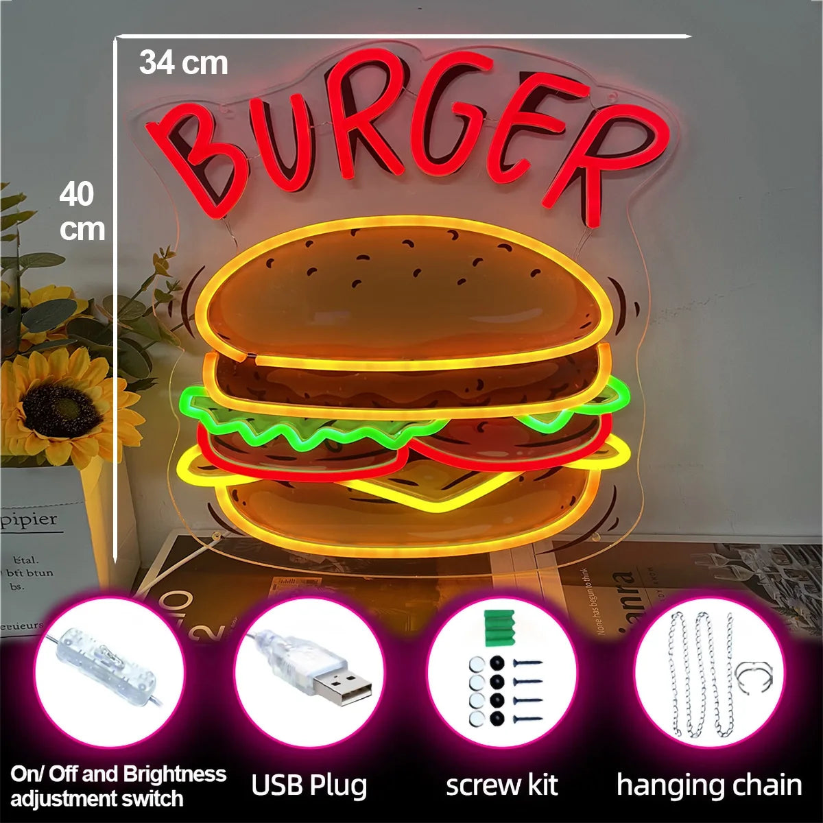 Hamburger Neon Sign Burger Neon Home Wall Decor Fast Food Coffee Shop Restaurant Bar Decoration Food Neon